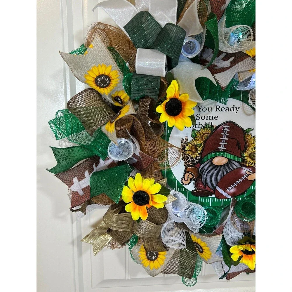 Handmade Football Gnome Ribbon Welcome Door Wreath Leaf 22 in LED Fall W4